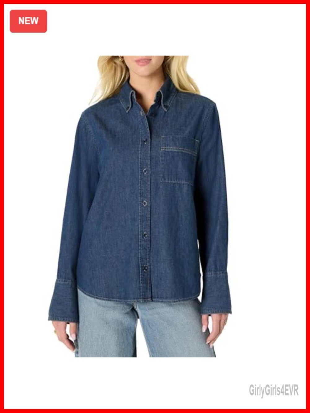 Women's Oversized Cropped Denim Chambray Button-Down Shirt Cotton Blouse
